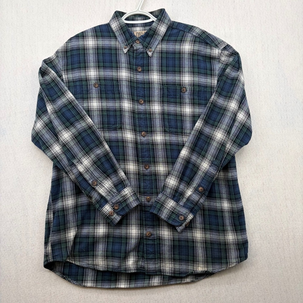 Duluth Trading Co Mens Blue Green Plaid Cotton Free Swingin Flannel Shirt Large